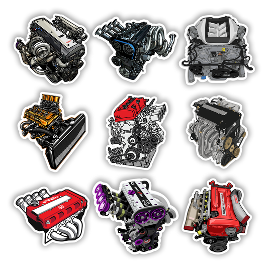 JDM Sticker Pack – Engine Legends Edition featuring 2JZ, RB26, VTEC, and turbo engine designs, Stick-On Auto Collection