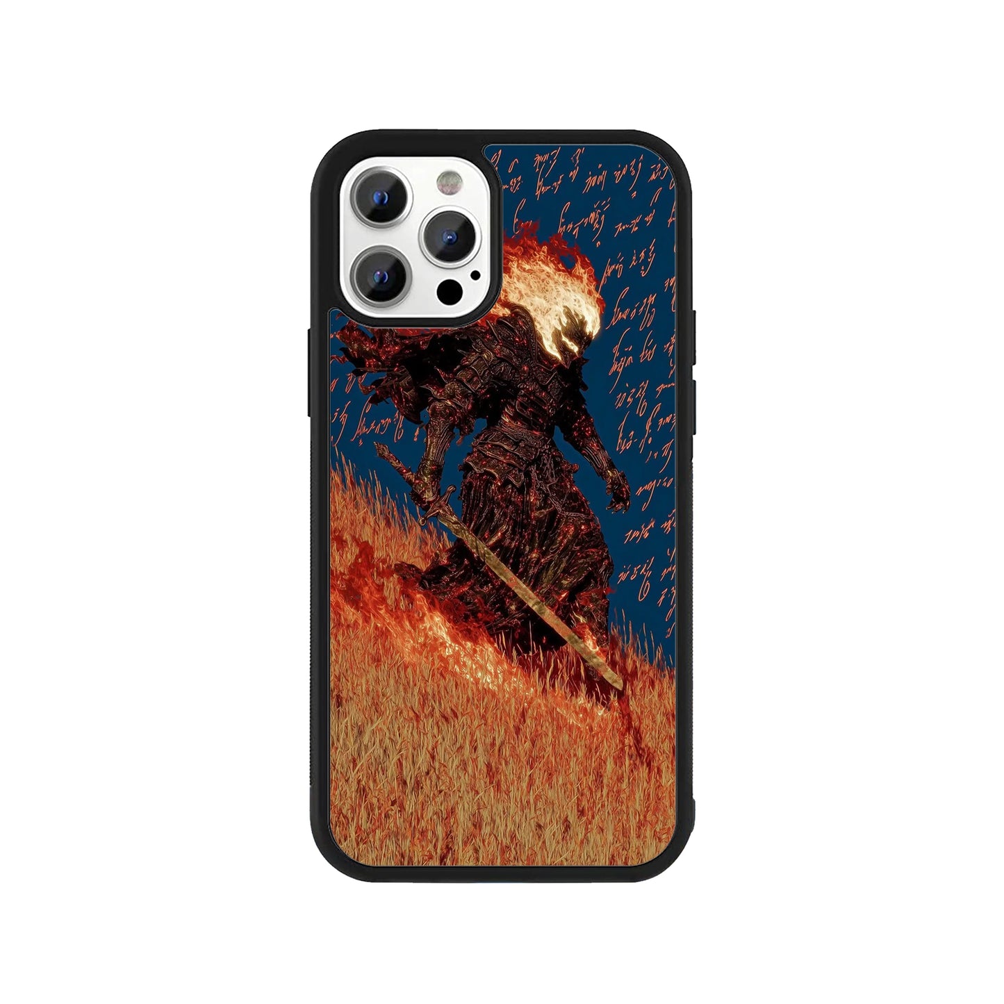 Phone case featuring a burning knight walking through fire with red magical runes on a blue background - dark fantasy gaming cover by Stick-On Limited.