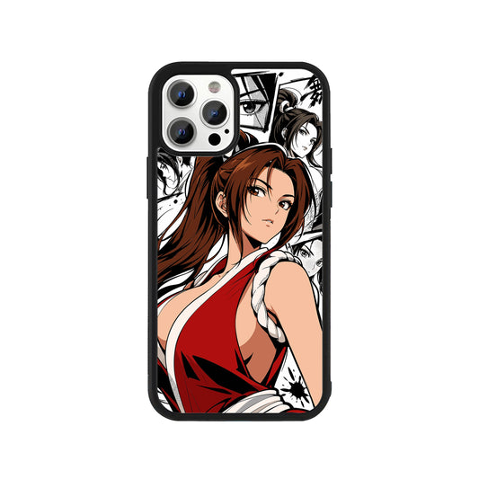 A smartphone case featuring a full-color anime-style illustration of fighting game character Mai Shiranui in a red and white outfit, layered over a background of black-and-white manga panels and ink splatters, surrounded by a black protective bumper edge.