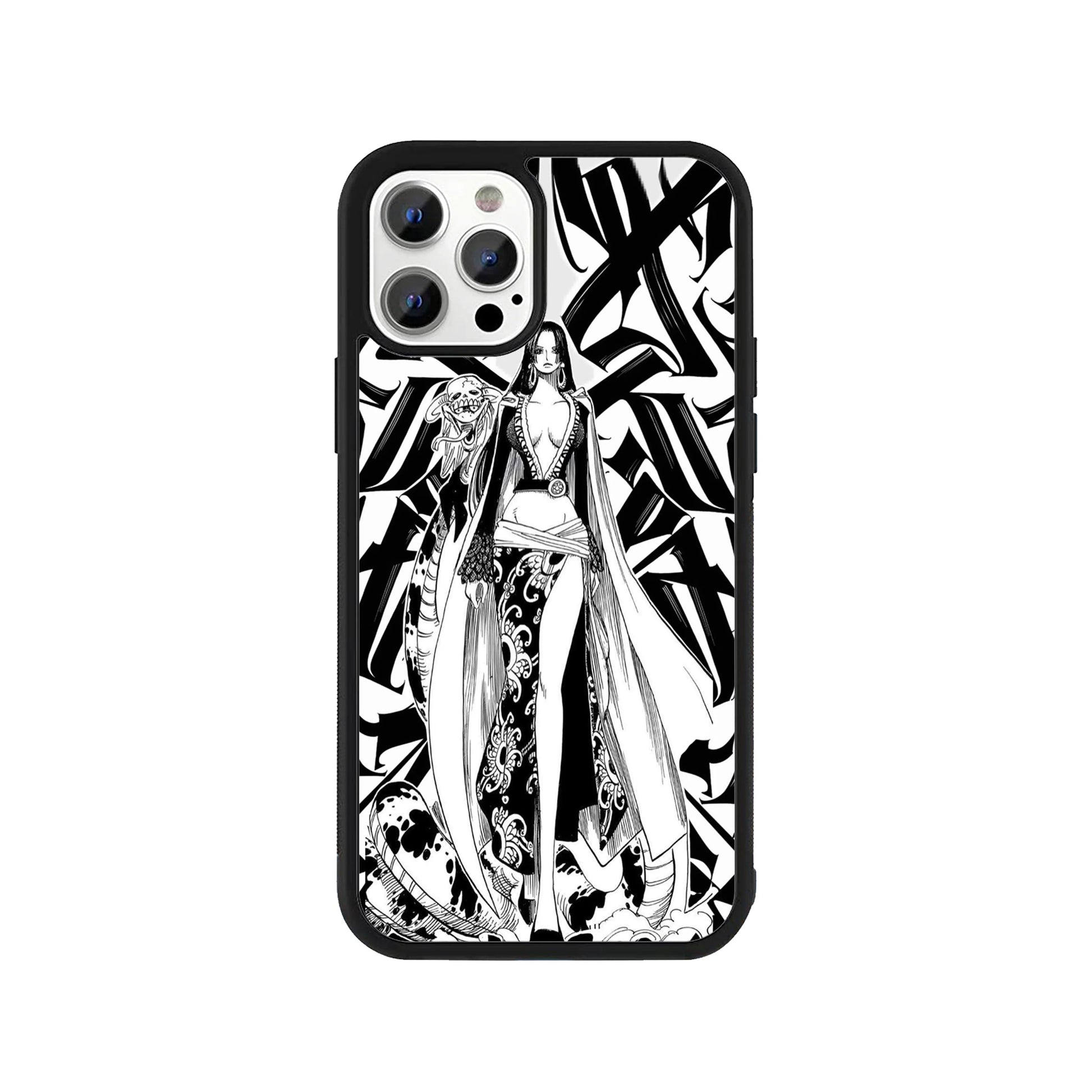 Phone case featuring Boa Hancock from One Piece in black and white manga style with Salome the snake - anime cover by Stick-On Limited.