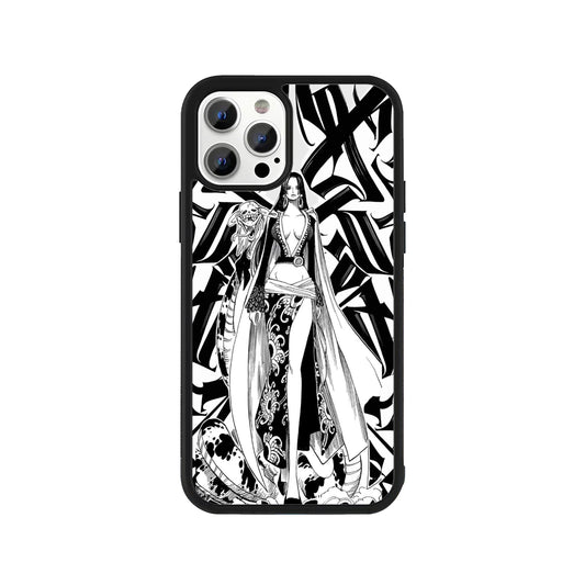 Phone case featuring Boa Hancock from One Piece in black and white manga style with Salome the snake - anime cover by Stick-On Limited.