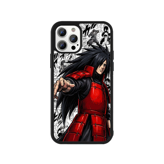 Phone case featuring Madara Uchiha in red armor with black and white manga panels in the background - Naruto anime cover by Stick-On Limited.