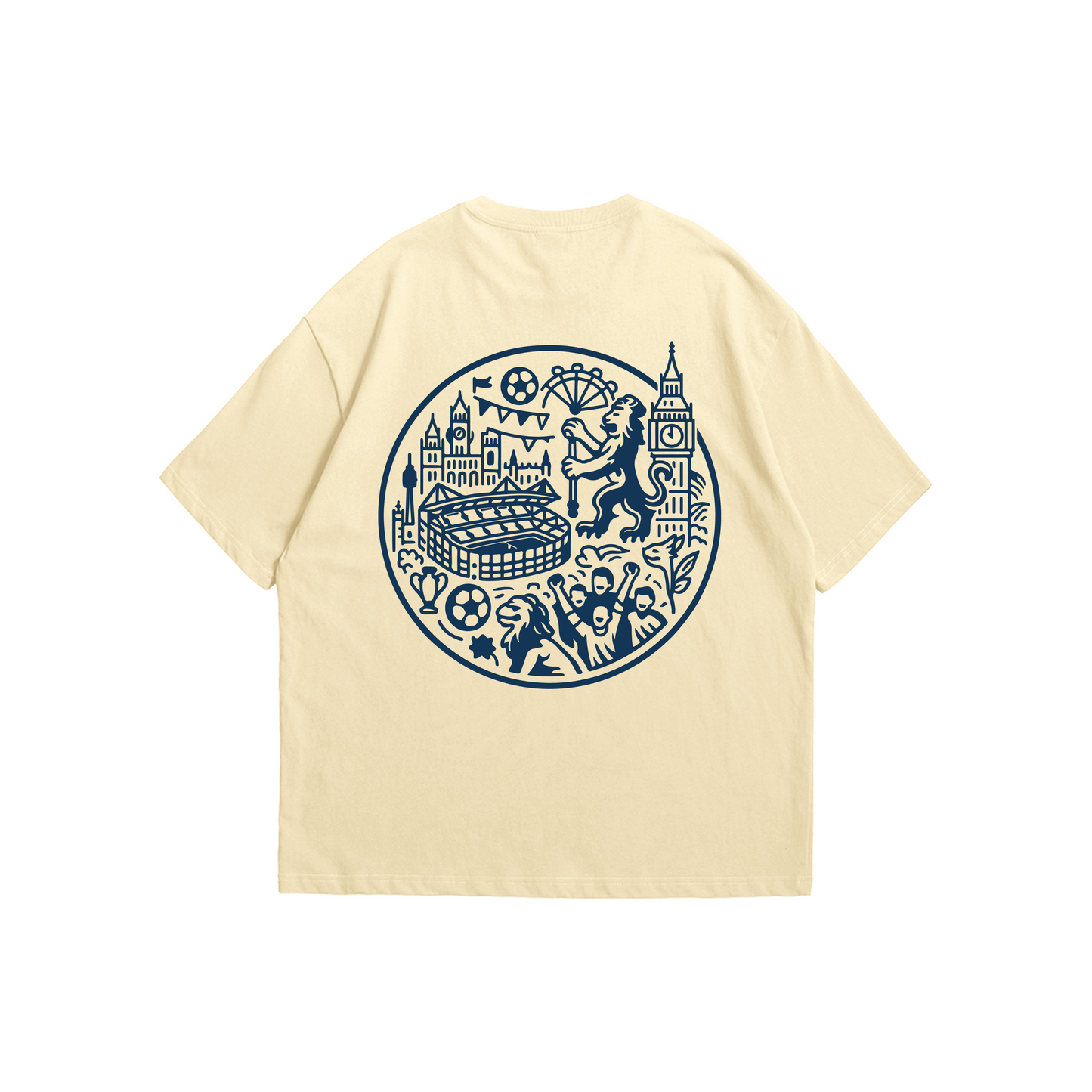 Chelsea FC Oversized Tee – Cream drop-shoulder 180 GSM cotton football T-shirt with Stamford Bridge & London-inspired crest by Stick-On (Unisex M–5XL)