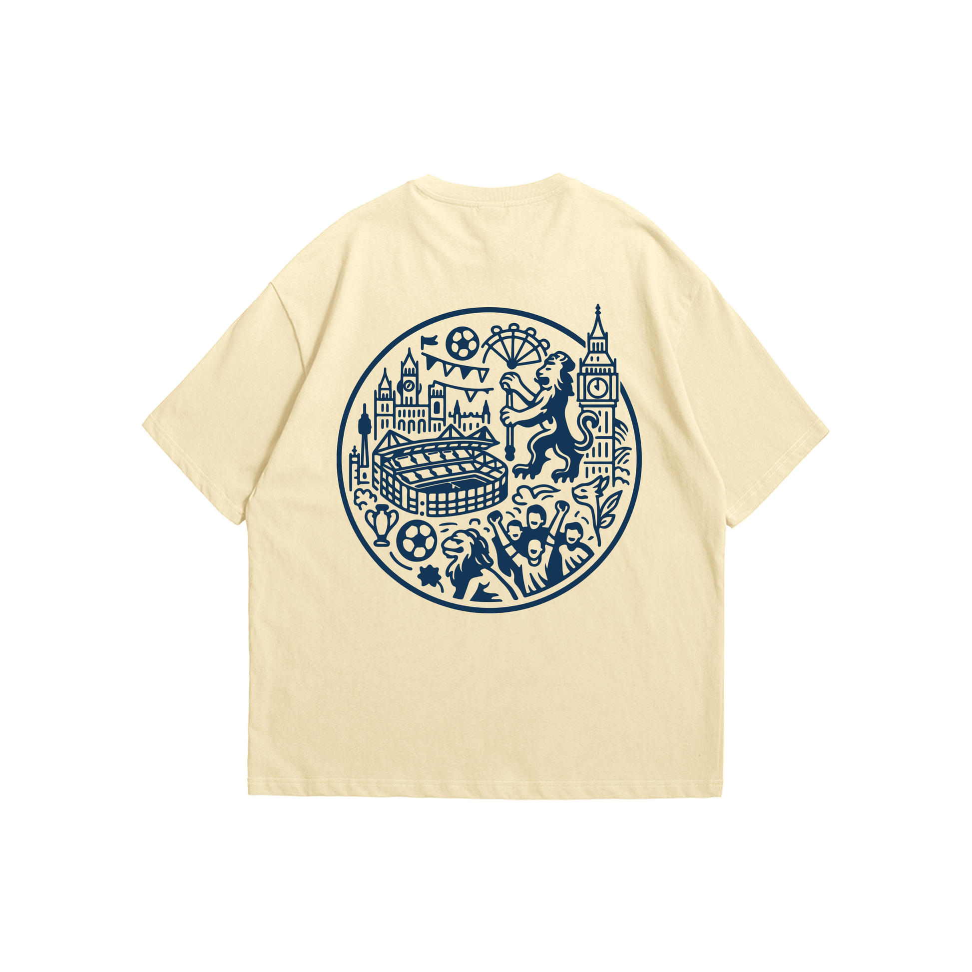 Chelsea FC Oversized Tee – Cream drop-shoulder 180 GSM cotton football T-shirt with Stamford Bridge & London-inspired crest by Stick-On (Unisex M–5XL)