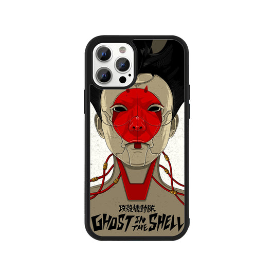 A smartphone case featuring a robotic geisha illustration from Ghost in the Shell with red accents and a protective black bumper - cyberpunk anime phone accessory by Stick-On Limited.
