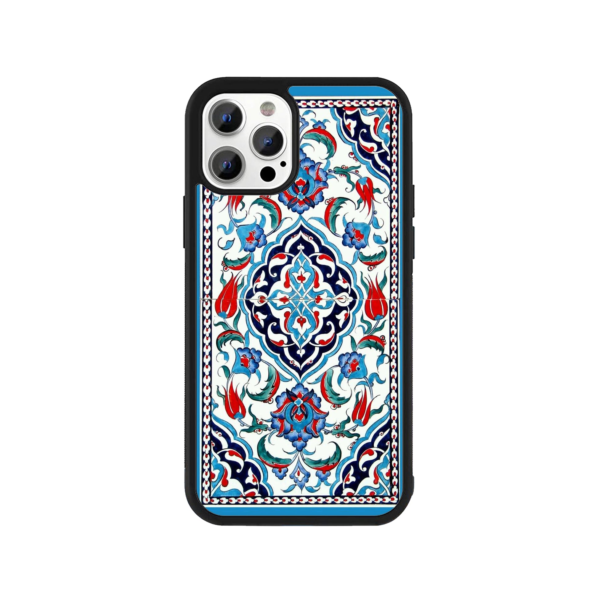 A smartphone case featuring a traditional Turkish Iznik tile pattern with blue and red floral motifs and a protective black bumper - cultural phone accessory by Stick-On Limited.