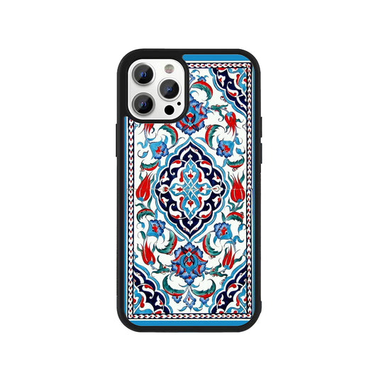 A smartphone case featuring a traditional Turkish Iznik tile pattern with blue and red floral motifs and a protective black bumper - cultural phone accessory by Stick-On Limited.