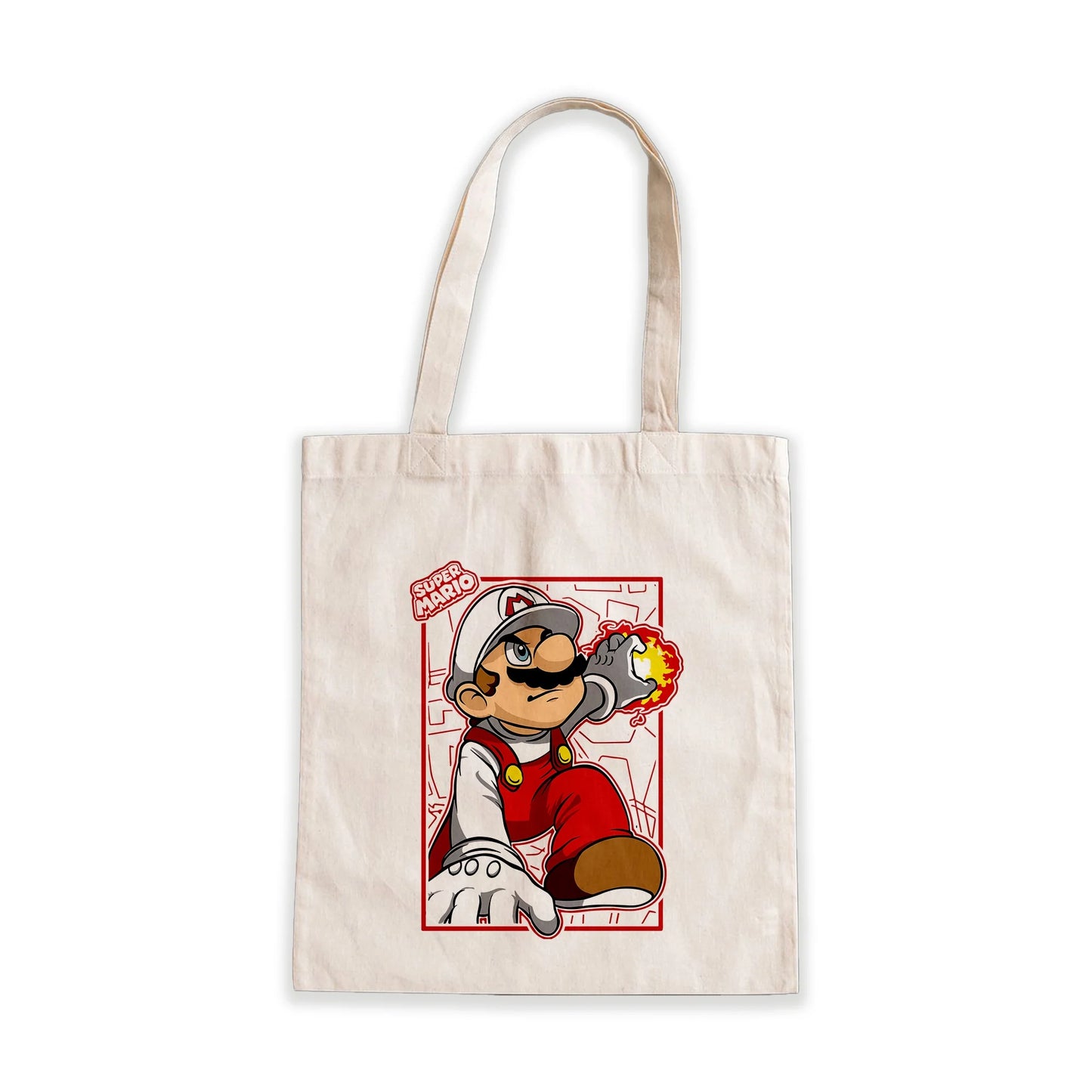 Super Mario Fire Power Tote Bag – Nintendo gamer design on beige canvas bag, Stick-On Accessories Collection