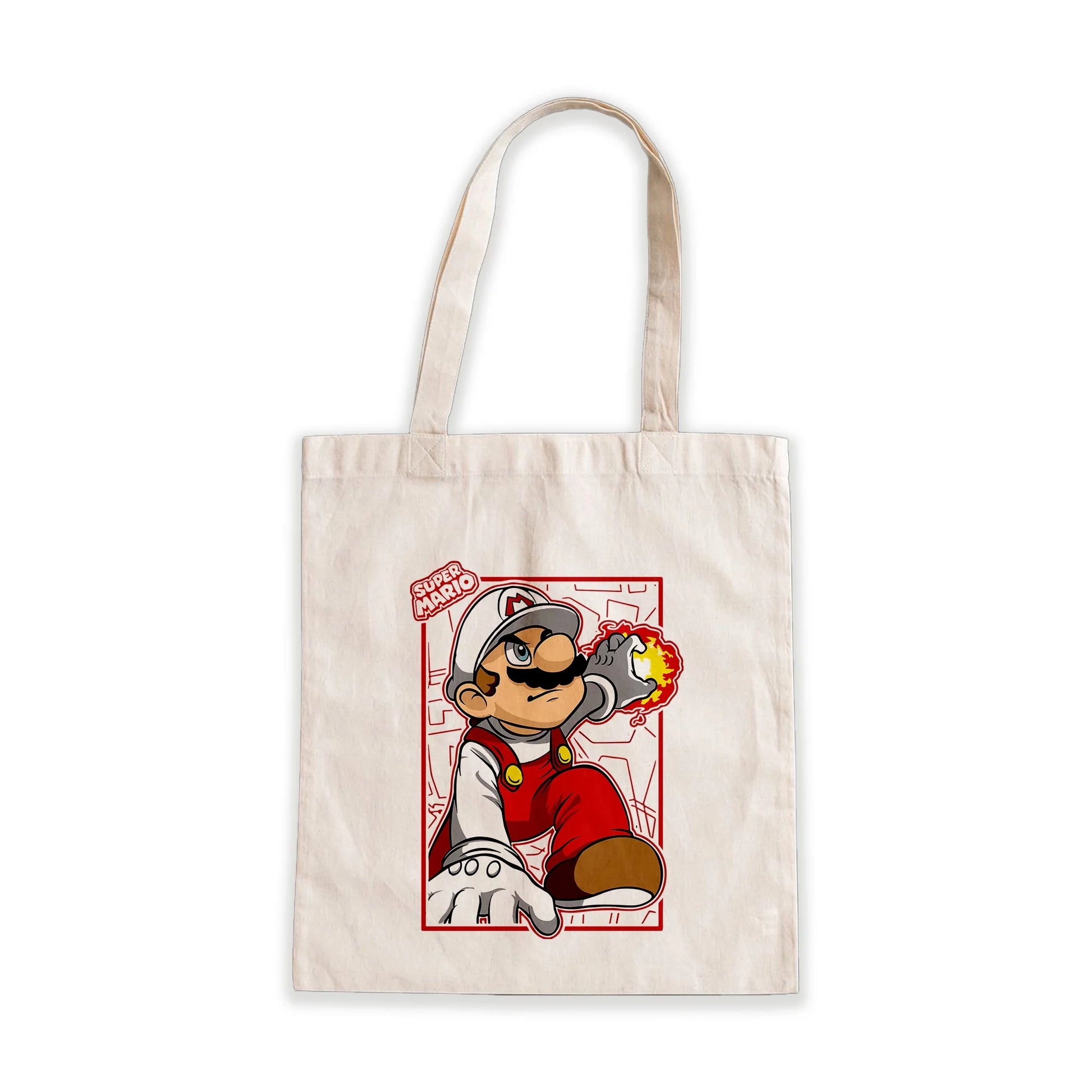 Super Mario Fire Power Tote Bag – Nintendo gamer design on beige canvas bag, Stick-On Accessories Collection