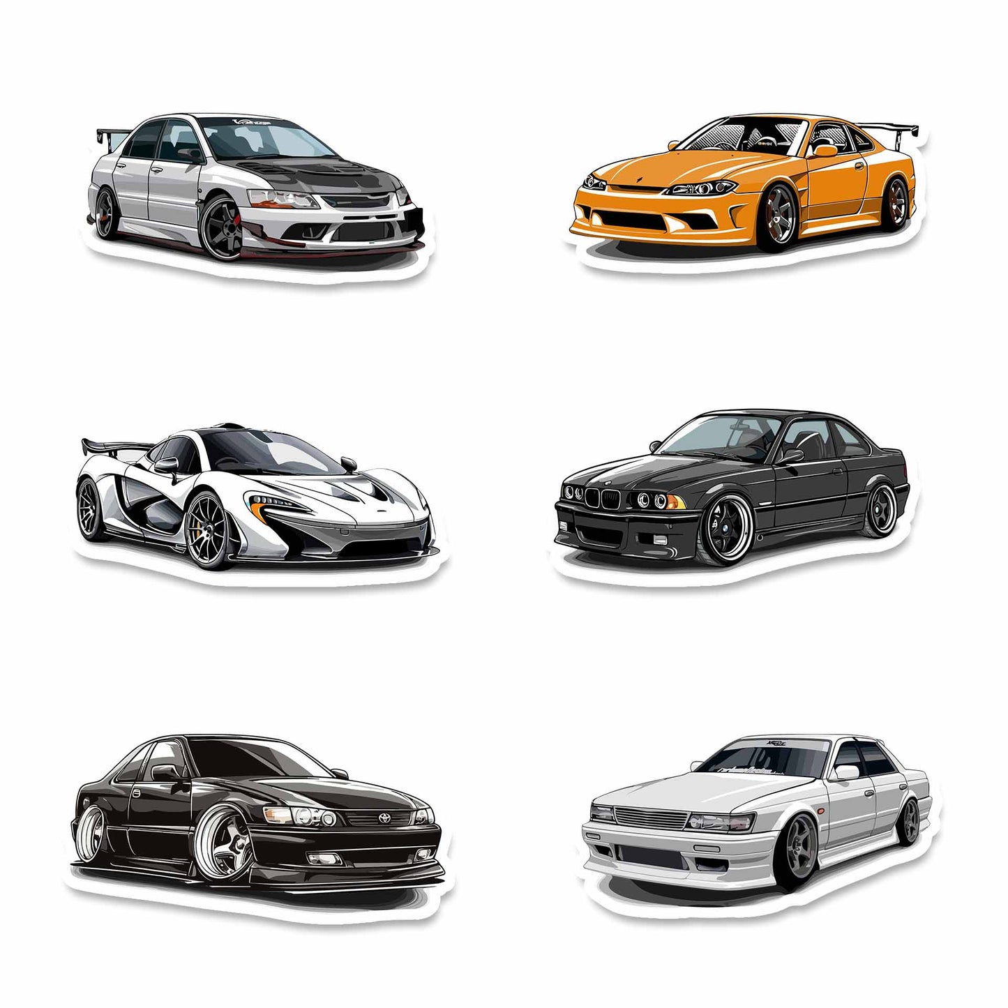 Ultimate Street Icons Sticker Pack – Evo, Silvia S15, BMW M3, McLaren P1, Chaser, Laurel car decals, Stick-On Drift & Performance Collection