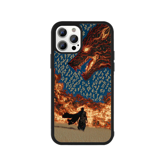 Phone case featuring a lone knight facing a giant fiery wolf spirit in the sky with runes - dark fantasy gaming cover by Stick-On Limited.