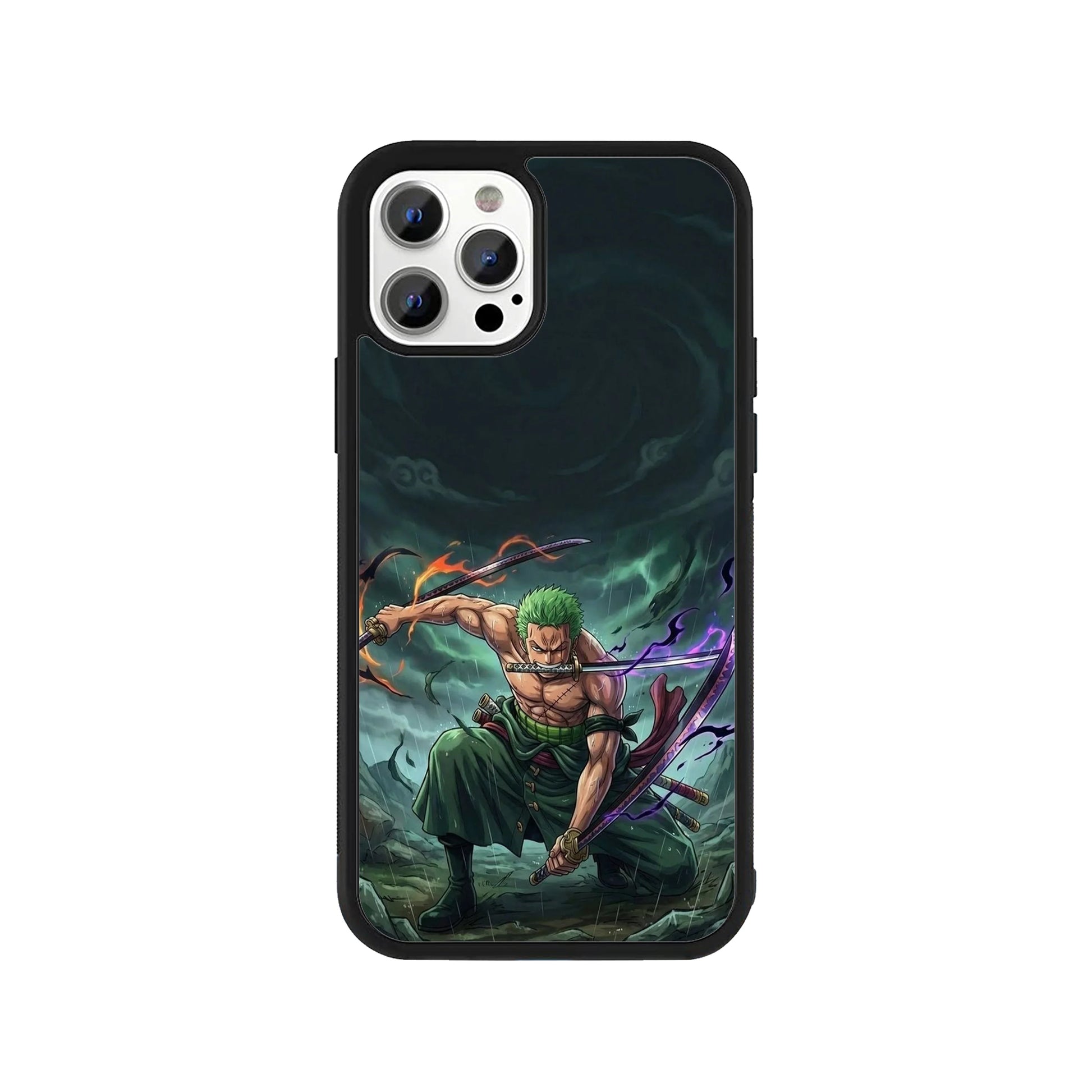 Phone case featuring Zoro from One Piece with swords and green energy - anime cover by Stick-On Limited.