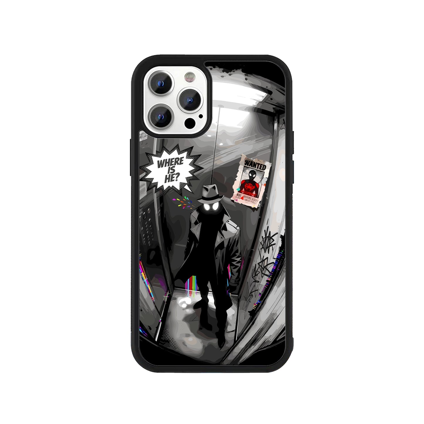 Phone case featuring Spider-Man Noir in a dark elevator with a comic speech bubble and colorful glitch effects - Marvel Spider-Verse cover by Stick-On Limited.