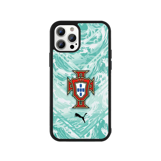A smartphone case featuring a teal and white patterned background with the Portugal FPF national football team crest, a black athletic logo, and a protective black bumper - sports phone accessory by Stick-On Limited.