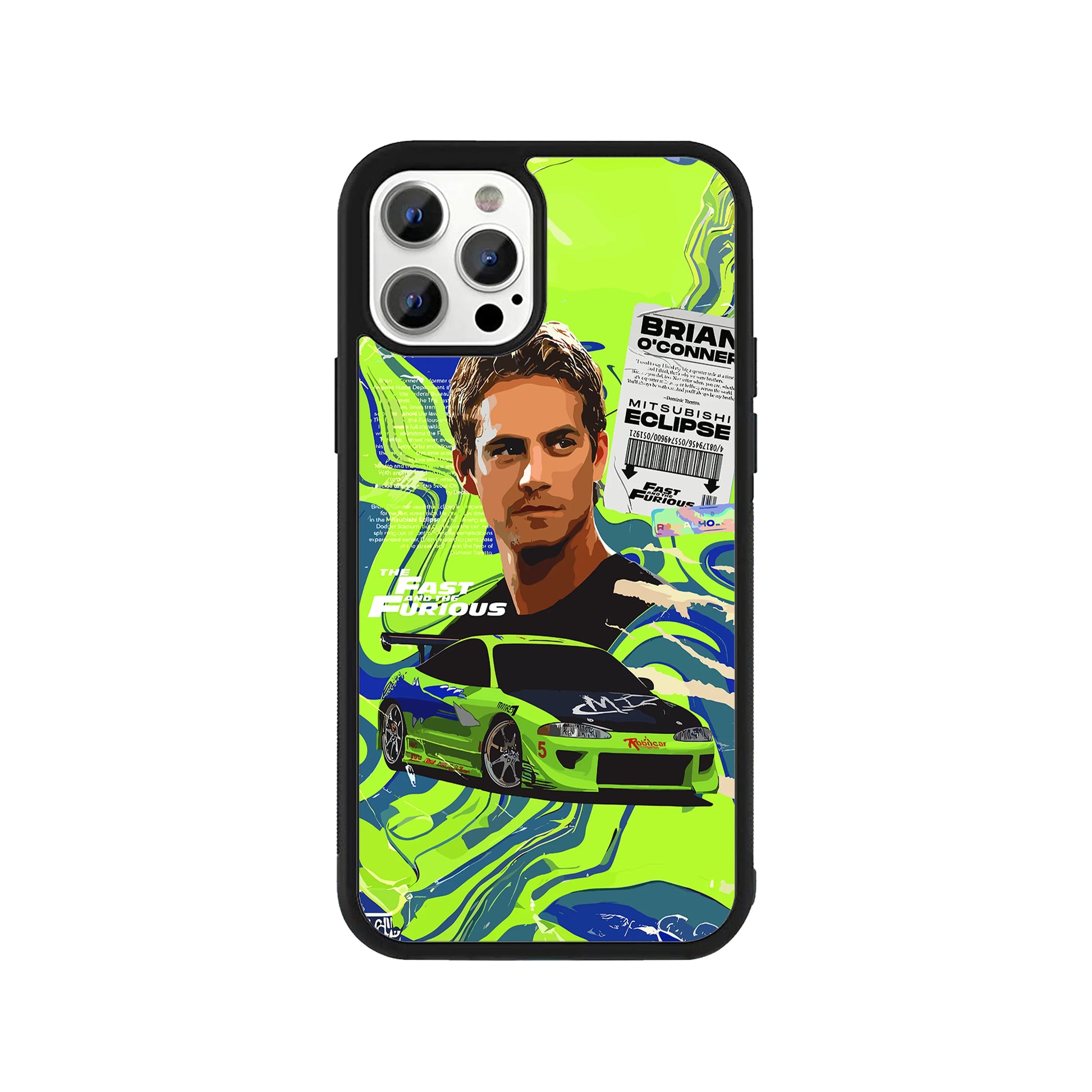 A smartphone case featuring a collage of Paul Walker as Brian O'Conner, his neon green Mitsubishi Eclipse, and Fast & Furious graphic elements set against a swirling neon green background with a protective black bumper - pop culture phone accessory by Stick-On Limited.