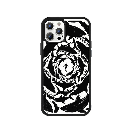 A smartphone case featuring a high-contrast black-and-white graphic illustration of a tiny scuba diver in the center of a swirling vortex of sharks, surrounded by a black protective bumper edge