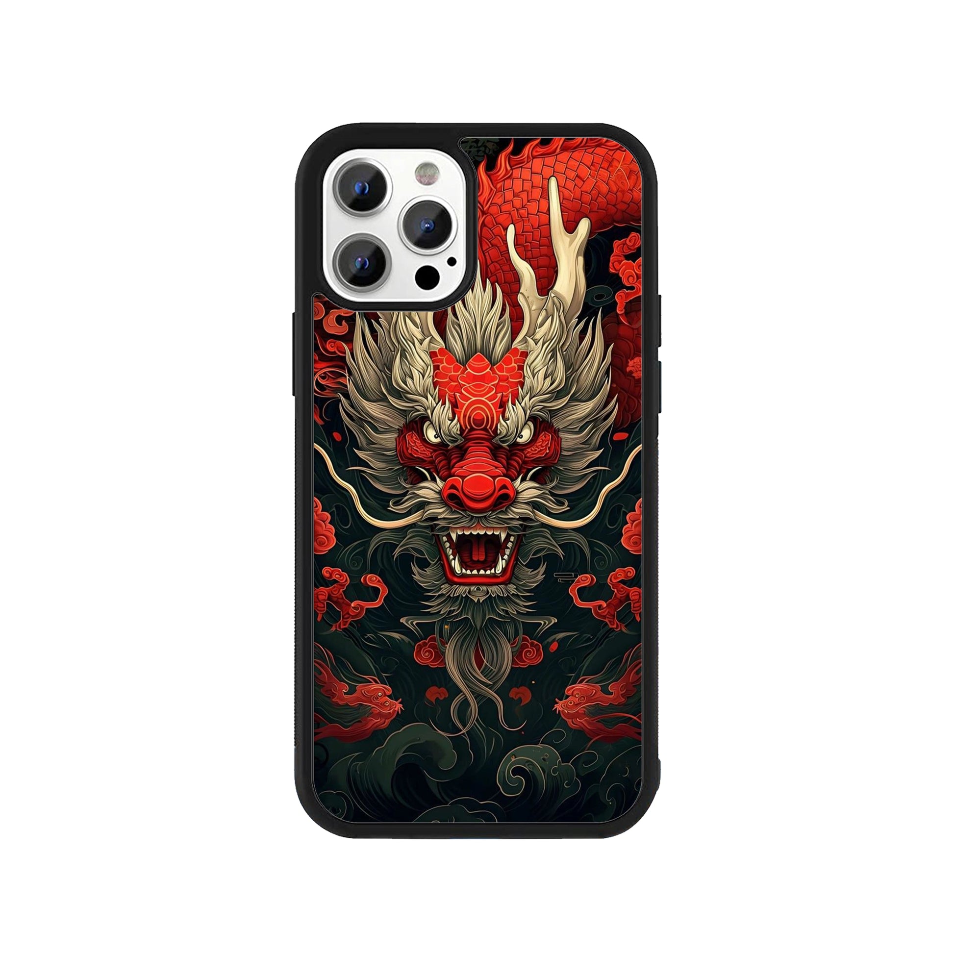 A smartphone case featuring a detailed, fierce red dragon head illustration with gold accents and a protective black bumper - mythical phone accessory by Stick-On Limited.