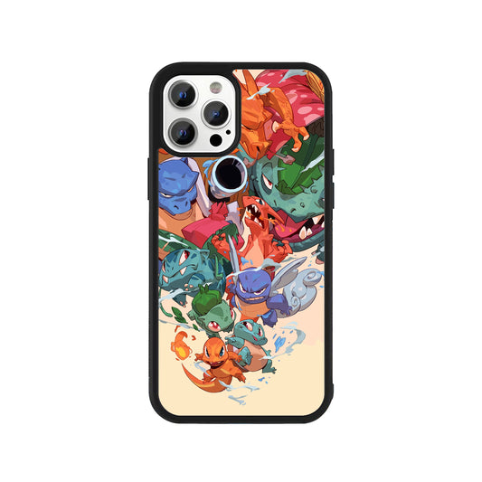 A smartphone case featuring a colorful anime-style illustration of Pokemon Kanto starters and their evolutions with a protective black bumper - Nintendo fan phone accessory by Stick-On Limited.