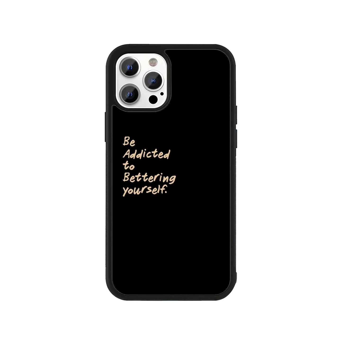 Black phone case with handwritten text "Be Addicted to Bettering yourself" - motivational cover by Stick-On Limited.