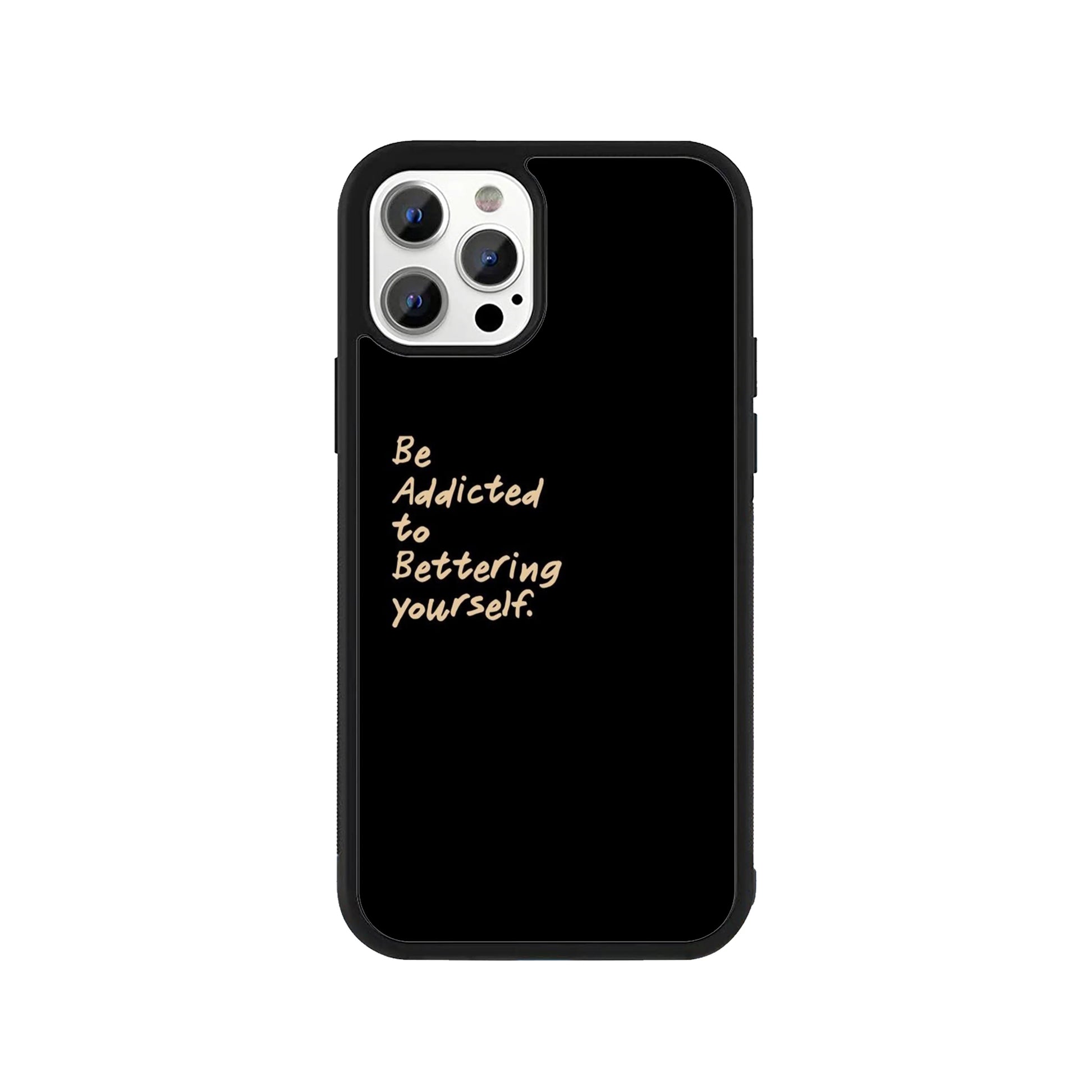 Black phone case with handwritten text "Be Addicted to Bettering yourself" - motivational cover by Stick-On Limited.