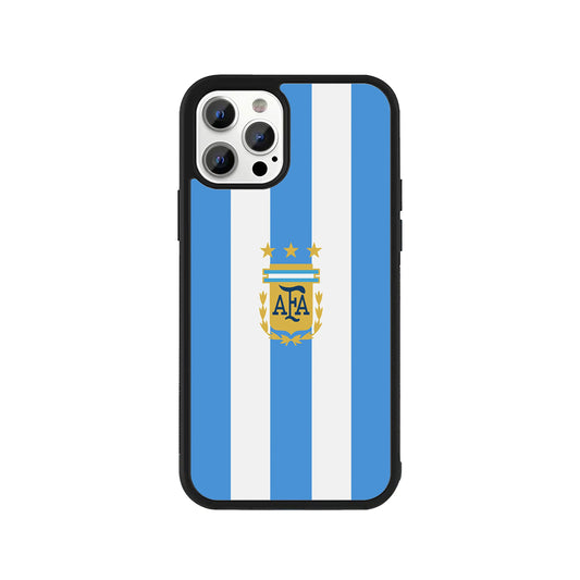 A smartphone case featuring light blue and white vertical stripes with the gold Argentina AFA crest and three stars, framed by a protective black bumper - sports phone accessory by Stick-On Limited.
