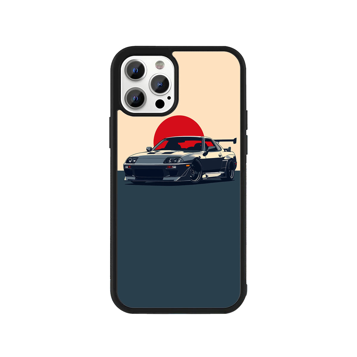 A smartphone case featuring a vector illustration of a dark grey Toyota Supra MK4 parked in front of a large red sun, set against a two-tone cream and dark blue-grey background, surrounded by a black protective bumper edge.
