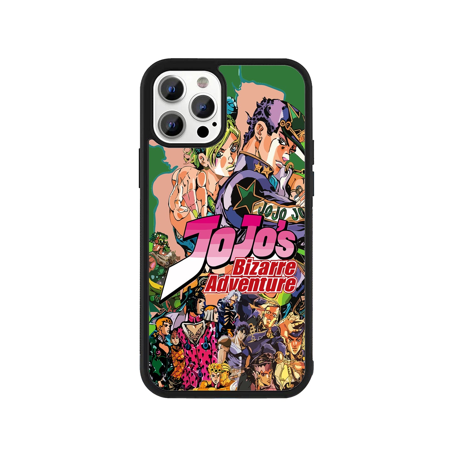 A smartphone case featuring a vibrant, multi-character collage from JoJo's Bizarre Adventure with a black protective bumper - anime phone accessory by Stick-On Limited.