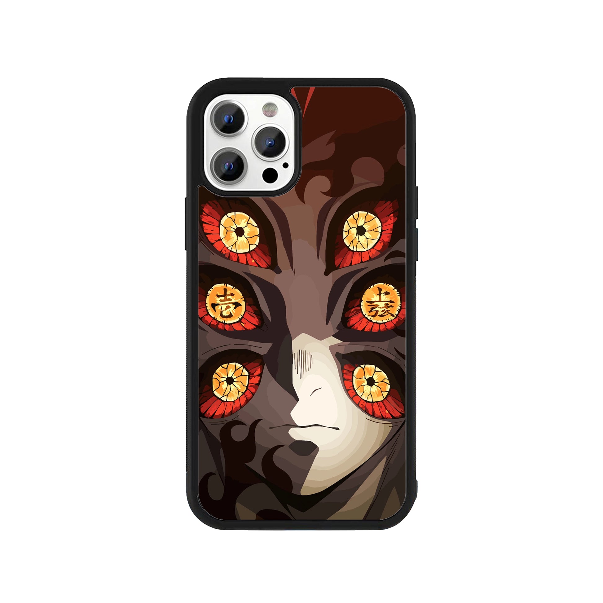 A smartphone case featuring a close-up illustration of the Demon Slayer character Kokushibo with six eyes and a protective black bumper - anime antagonist phone accessory by Stick-On Limited.