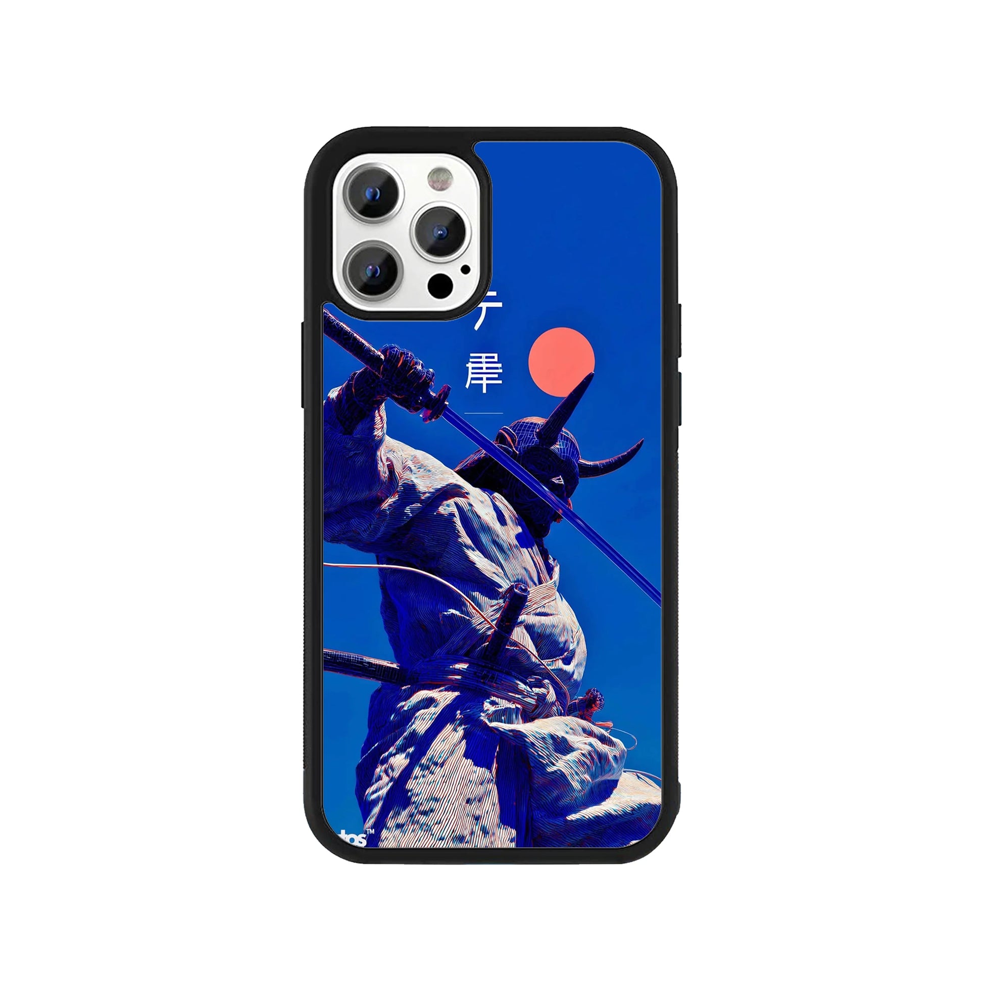 Phone case featuring a blue samurai with an oni mask and katana against a red sun - Japanese cyberpunk cover by Stick-On Limited.