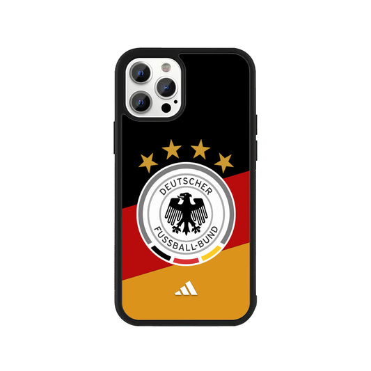 A smartphone case featuring a diagonal black, red, and gold design with the Germany DFB national football team crest, four stars, an athletic logo, and a protective black bumper - sports phone accessory by Stick-On Limited.