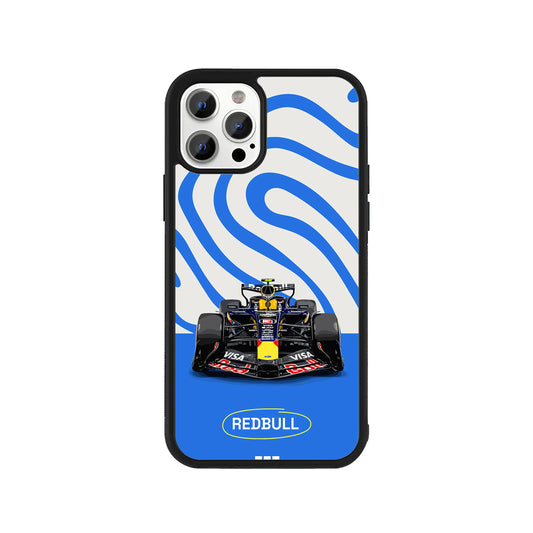 A smartphone case featuring a head-on illustration of a Red Bull Formula 1 race car, set against a blue and white swirly pattern with a solid blue bottom block, framed by a protective black bumper - sports phone accessory by Stick-On Limited.
