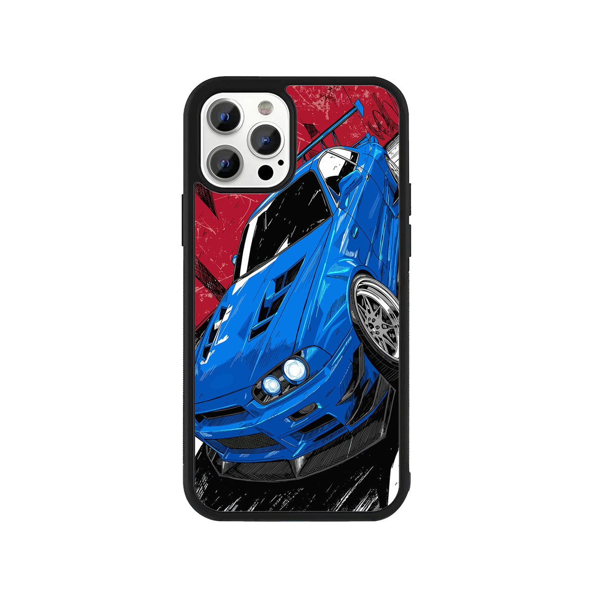 A smartphone case featuring a dynamic comic-style illustration of a blue Nissan Skyline R34 GT-R angled downward against a red and black grunge background, surrounded by a black protective bumper edge.