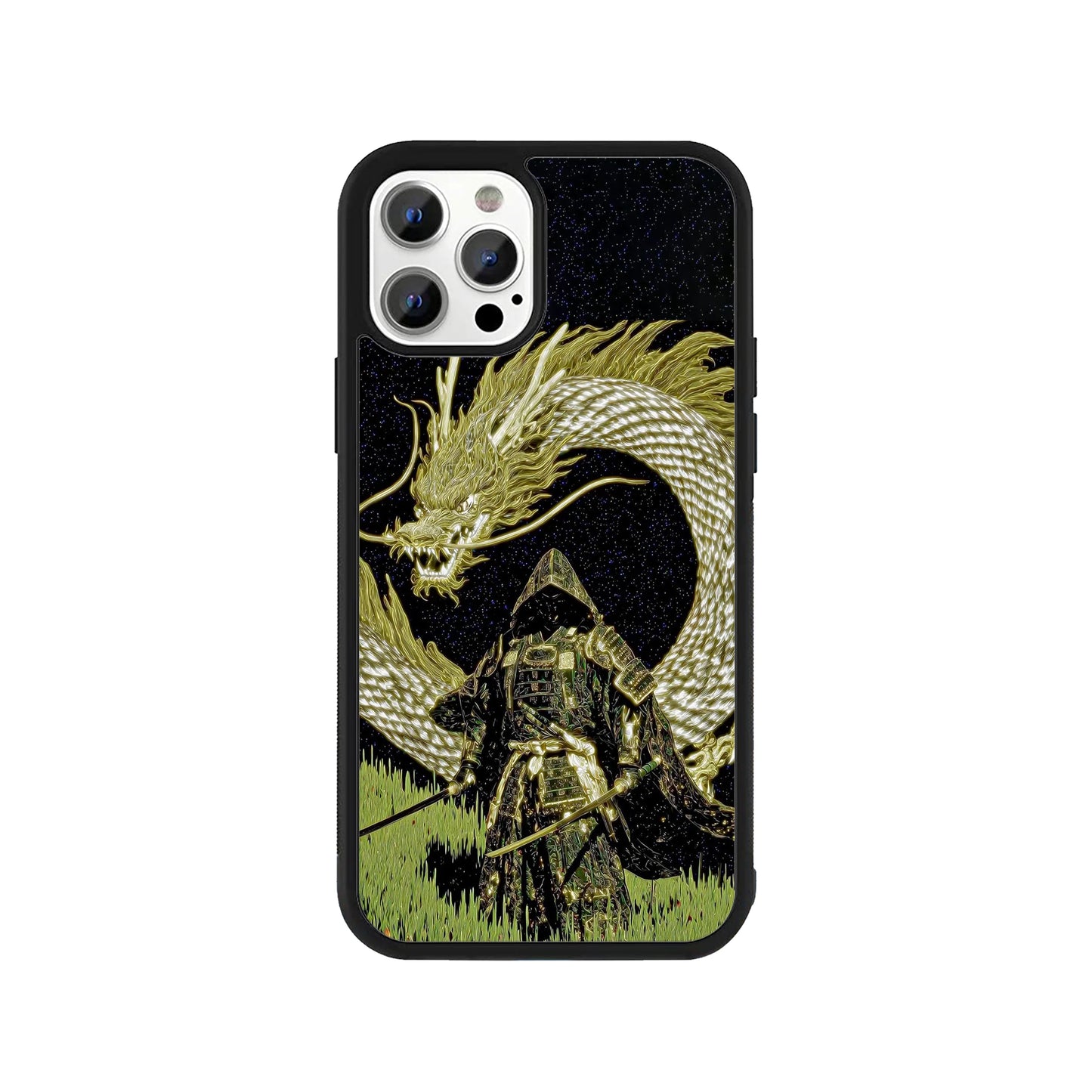 Phone case featuring a hooded samurai with two swords and a giant golden dragon in a starry sky - Japanese mythology cover by Stick-On Limited.