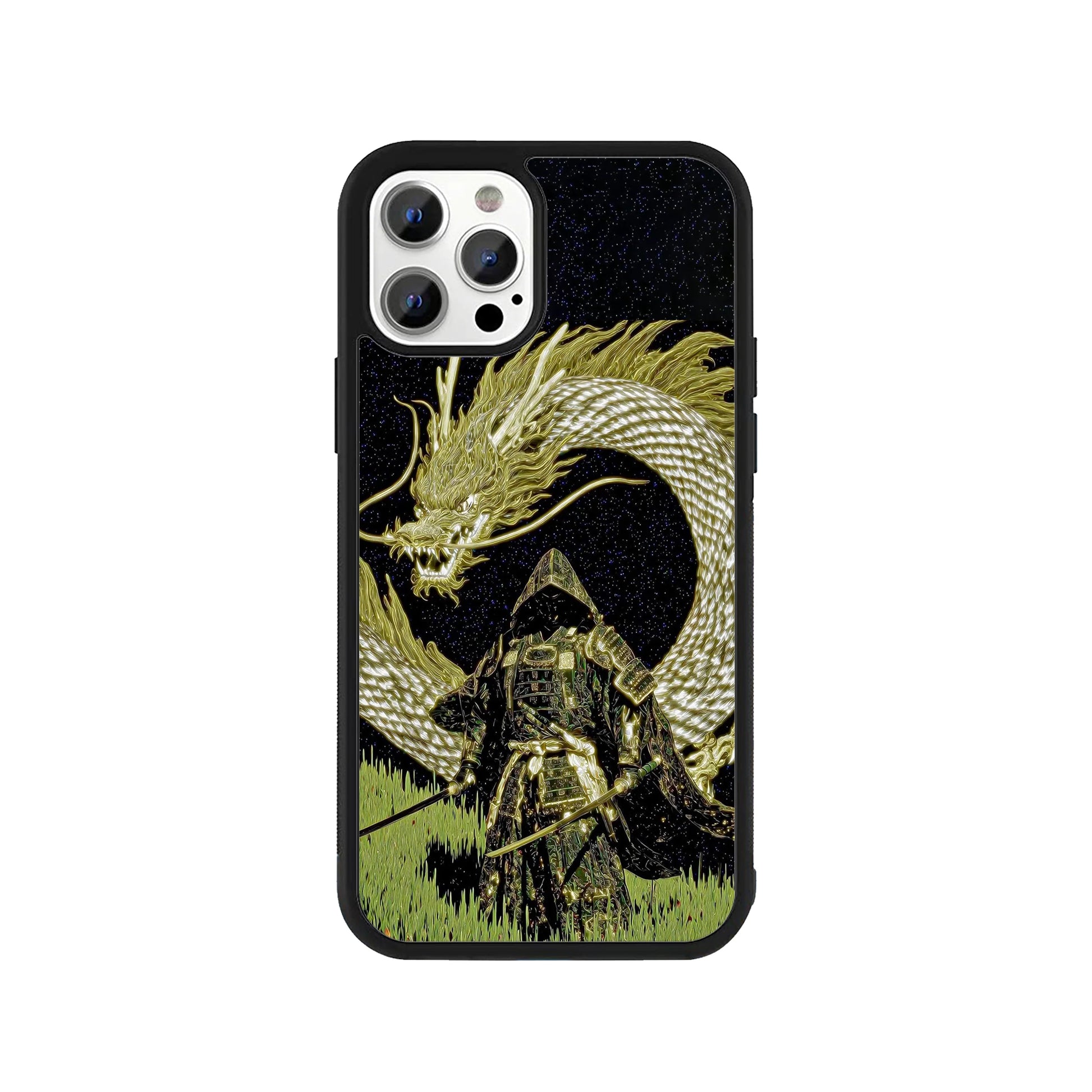 Phone case featuring a hooded samurai with two swords and a giant golden dragon in a starry sky - Japanese mythology cover by Stick-On Limited.