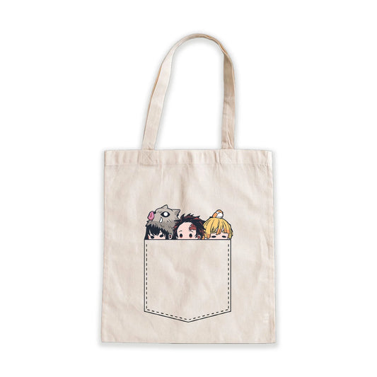Demon Slayer Pocket Friends Tote Bag – cute anime characters peeking from pocket design on beige canvas bag, Stick-On Accessories Collection