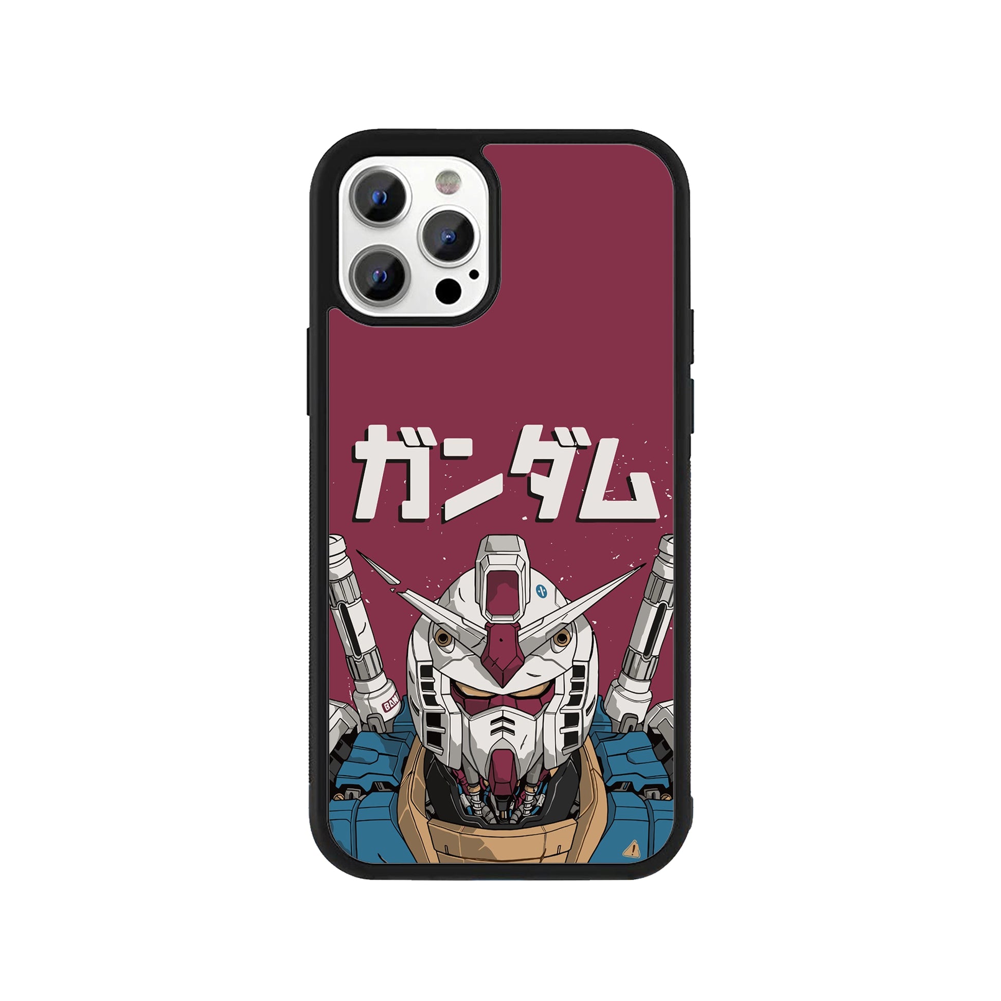 A smartphone case featuring a detailed Gundam-style mecha illustration with Japanese typography on a maroon background and a protective black bumper - sci-fi anime phone accessory by Stick-On Limited.
