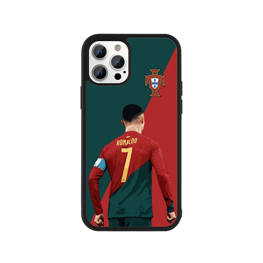 A smartphone case featuring an illustration of Cristiano Ronaldo from the back in his Portugal number 7 kit against a red and green diagonal background with the FPF crest and a protective black bumper - sports phone accessory by Stick-On Limited.