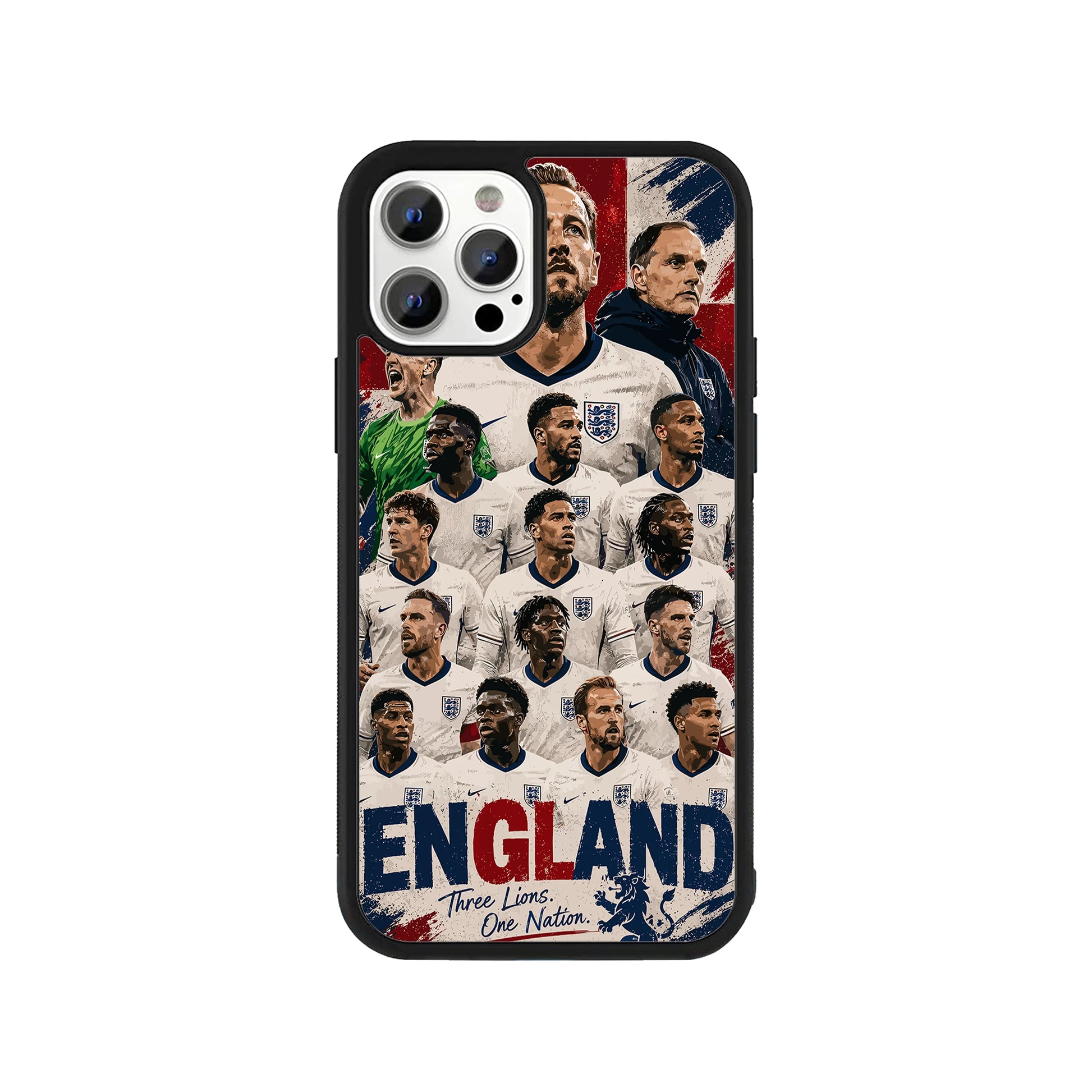A smartphone case featuring a detailed illustration collage of the England national football team players against a St. George's cross background, with 'ENGLAND' text and a protective black bumper - sports phone accessory by Stick-On Limited.