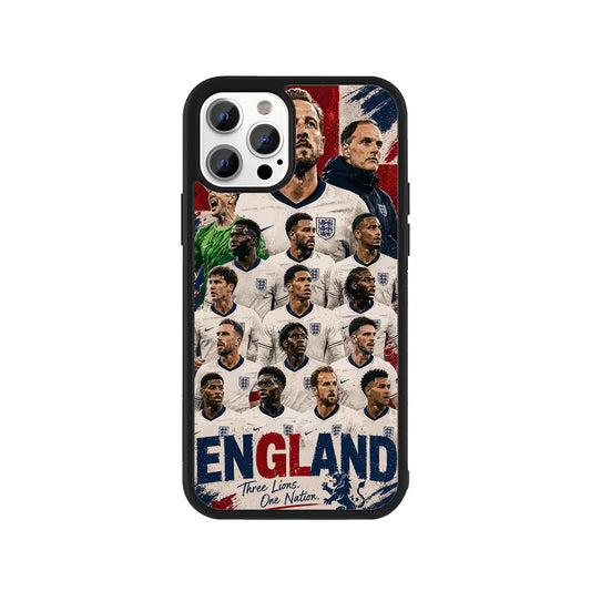 A smartphone case featuring a detailed illustration collage of the England national football team players against a St. George's cross background, with 'ENGLAND' text and a protective black bumper - sports phone accessory by Stick-On Limited.