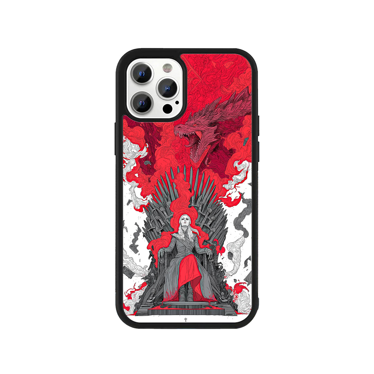 A smartphone case featuring a high-contrast black, white, and red graphic illustration of a silver-haired queen sitting on a throne of swords, surrounded by red smoke and a roaring dragon, framed by a black protective bumper edge