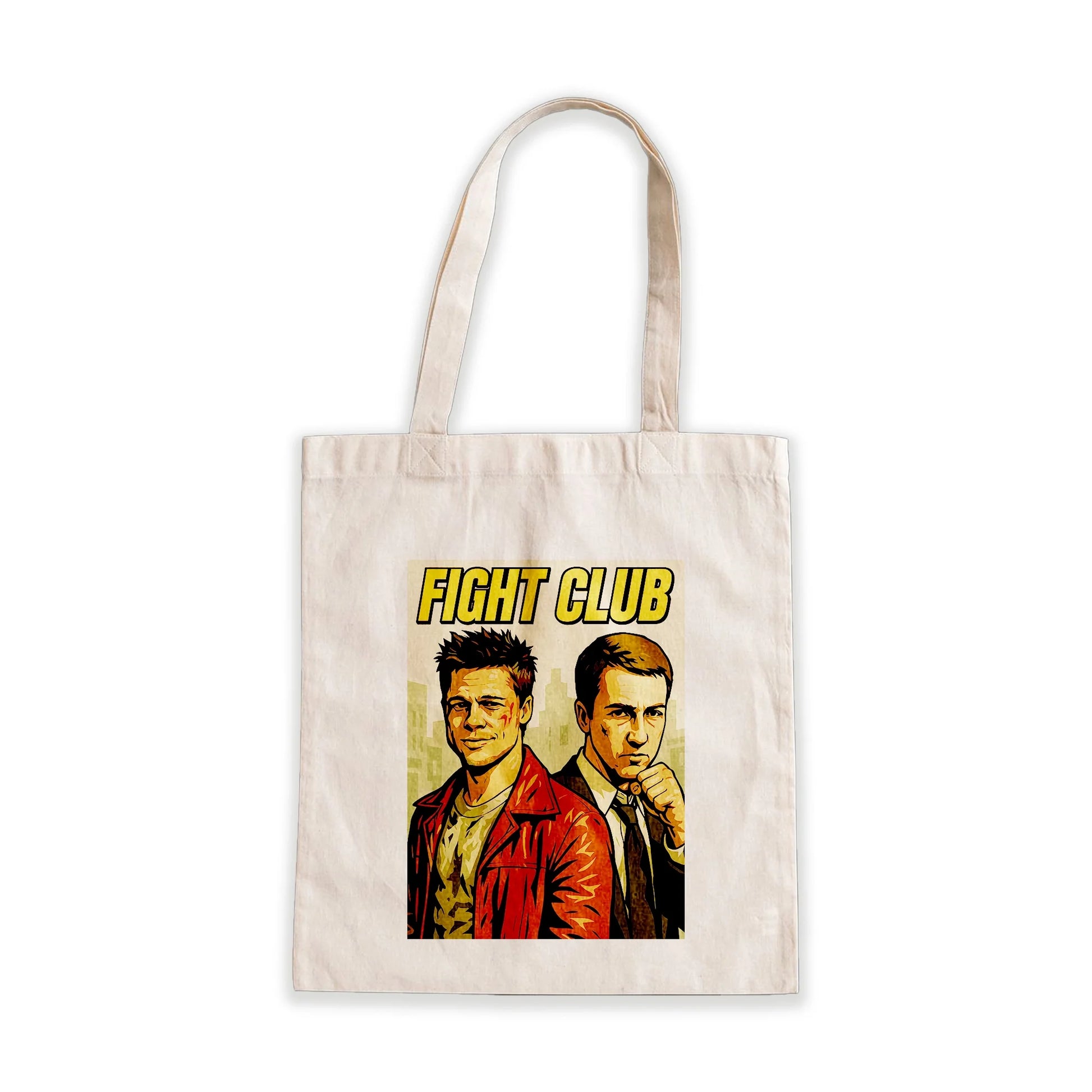 Fight Club Tote Bag – illustrated movie poster design on beige canvas bag, Stick-On Accessories Collection