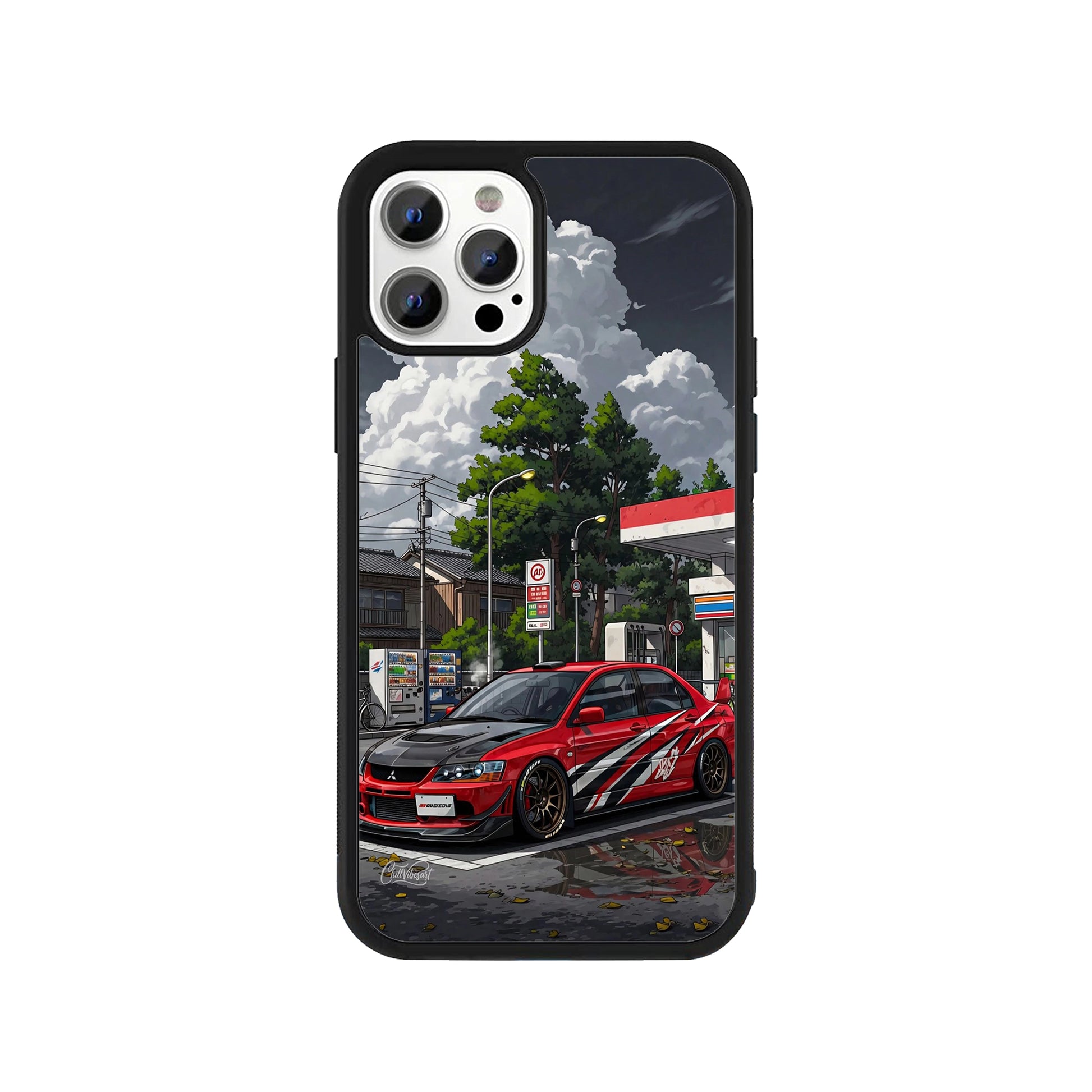 A smartphone case featuring a red Mitsubishi Lancer Evo at a Japanese gas station in an anime illustration style with a protective black bumper - JDM automotive phone accessory by Stick-On Limited.
