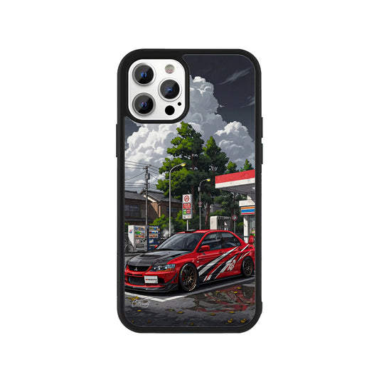 A smartphone case featuring a red Mitsubishi Lancer Evo at a Japanese gas station in an anime illustration style with a protective black bumper - JDM automotive phone accessory by Stick-On Limited.