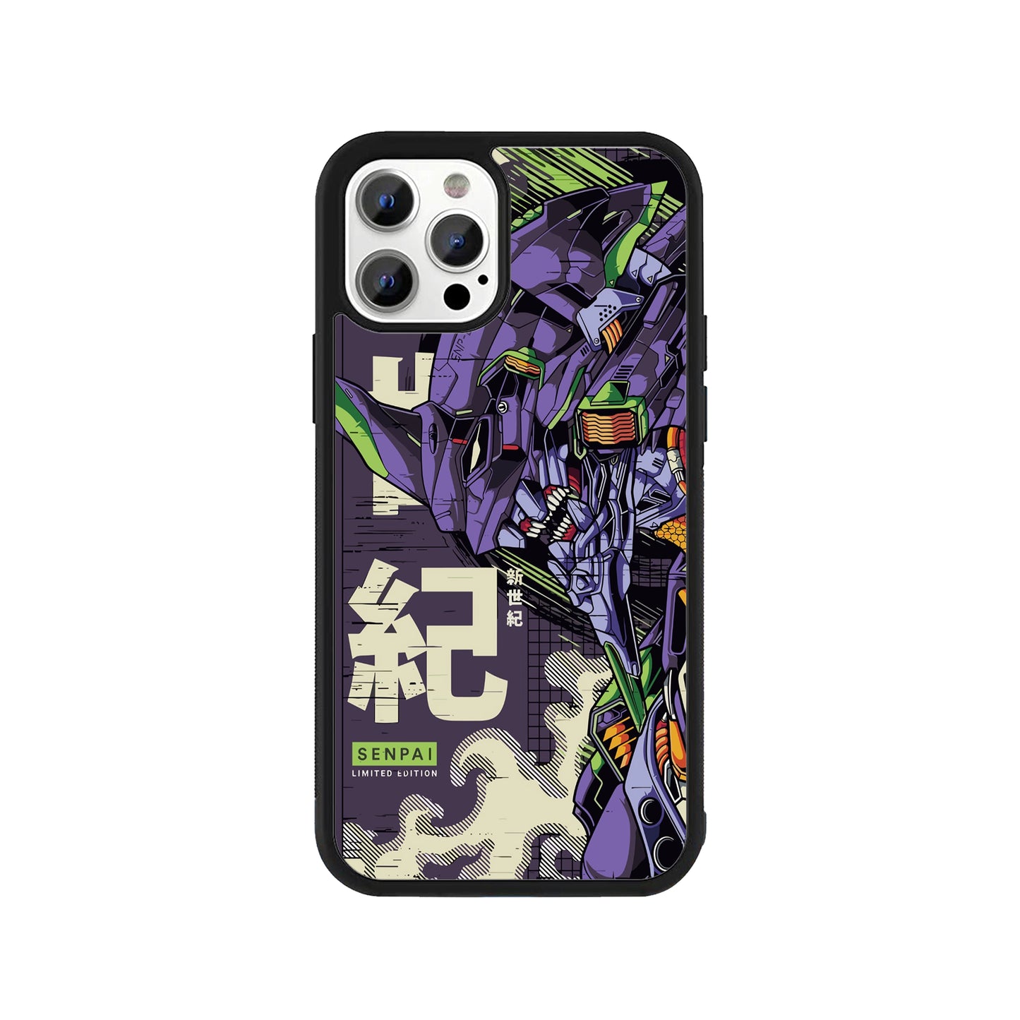A smartphone case featuring a detailed purple and green Evangelion Unit-01 mecha illustration with Japanese text and a protective black bumper - sci-fi anime phone accessory by Stick-On Limited.