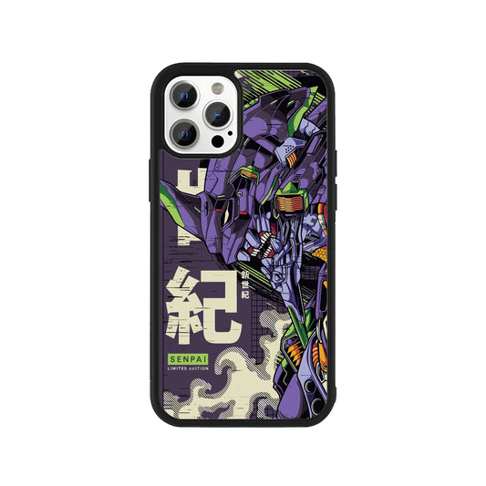 A smartphone case featuring a detailed purple and green Evangelion Unit-01 mecha illustration with Japanese text and a protective black bumper - sci-fi anime phone accessory by Stick-On Limited.