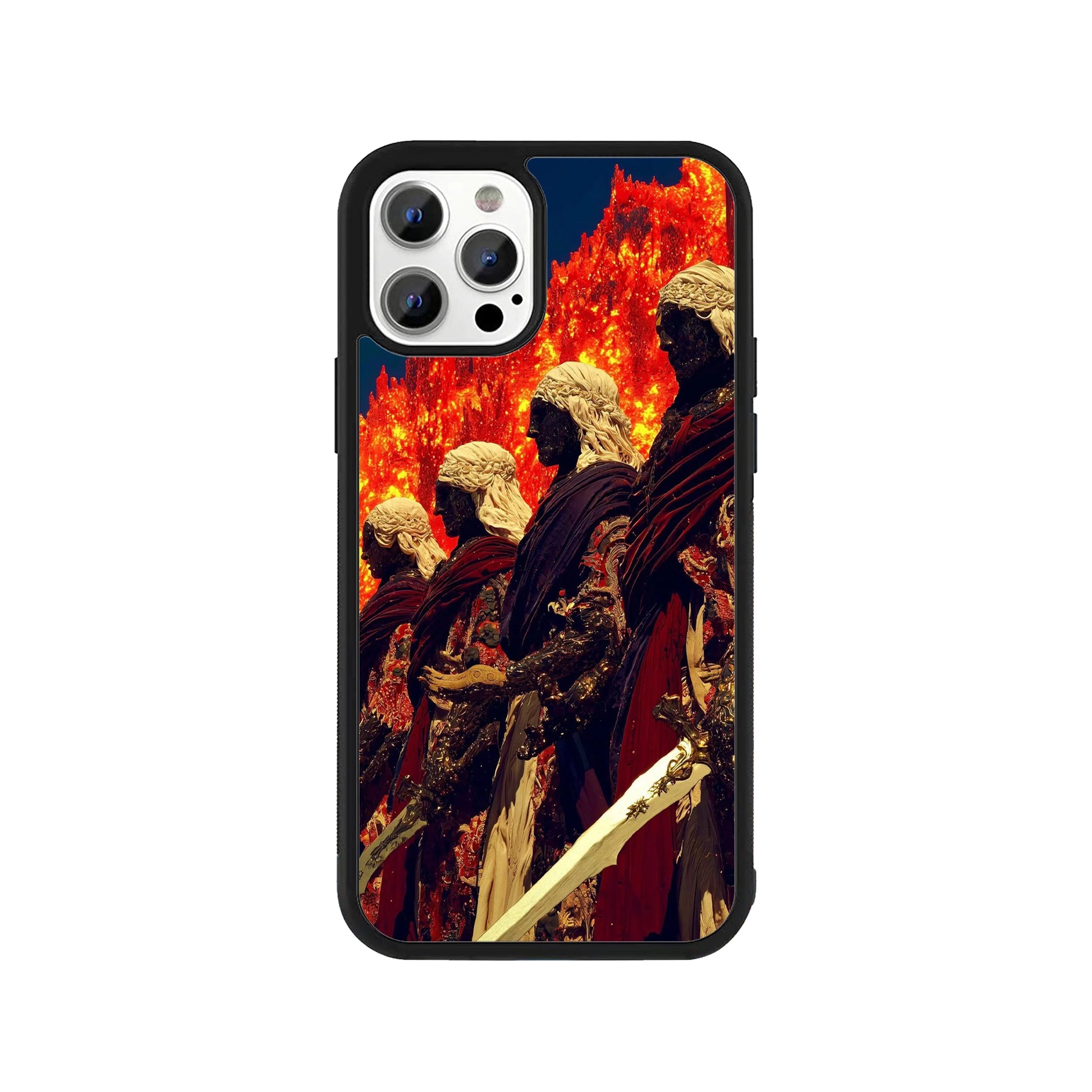 Phone case featuring a row of four dark statues with white hair against a background of fire - dark fantasy gaming cover by Stick-On Limited.