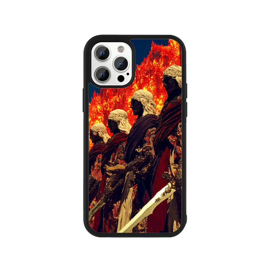 Phone case featuring a row of four dark statues with white hair against a background of fire - dark fantasy gaming cover by Stick-On Limited.