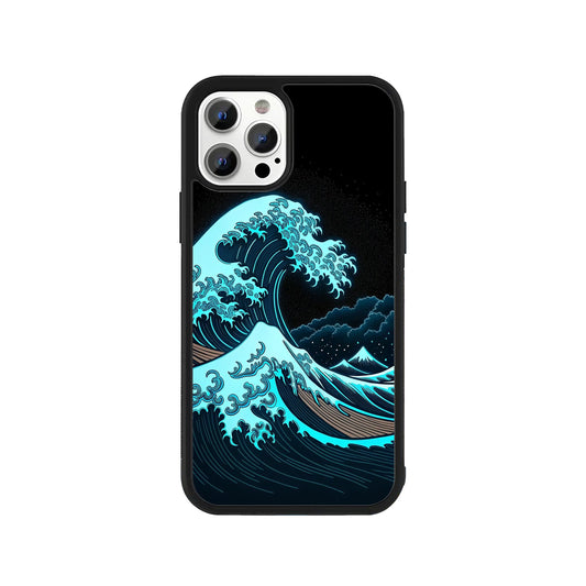 Phone case featuring glowing neon blue Great Wave off Kanagawa art on a black background - Japanese aesthetic cover by Stick-On Limited.