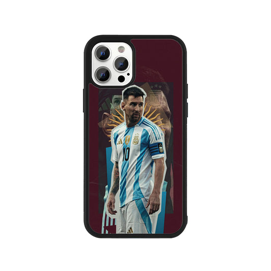 A smartphone case featuring a collage design of Lionel Messi in his Argentina national team kit over a maroon background with a golden sun graphic and a protective black bumper - sports phone accessory by Stick-On Limited.