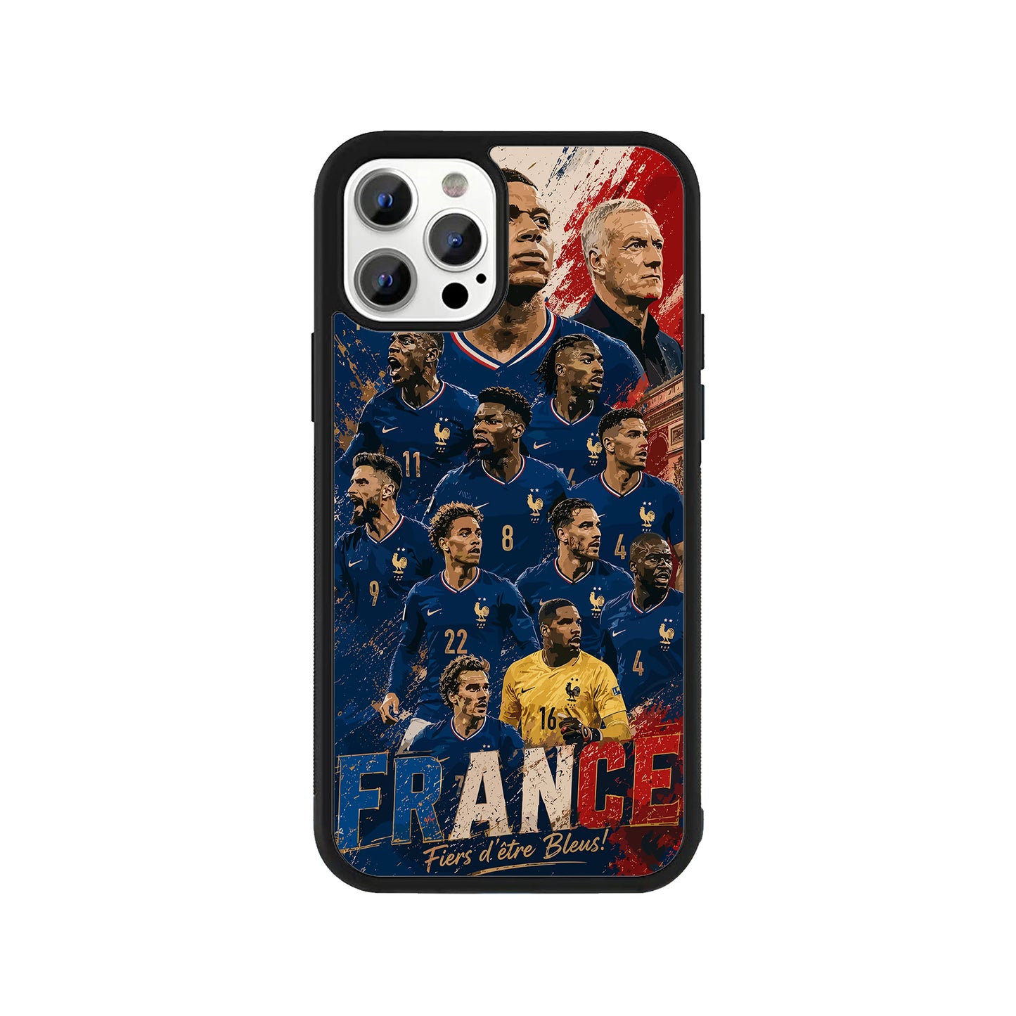 A smartphone case featuring a detailed illustration collage of the France national football team players against a blue, white, and red splatter background, with 'FRANCE' text and a protective black bumper - sports phone accessory by Stick-On Limited.